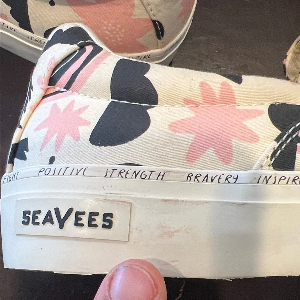 SeaVees Cream, pink and Black Patterned Slip-On Shoes breast cancer awareness